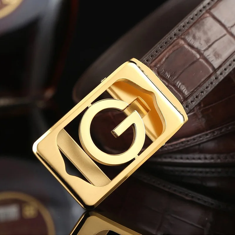 Golden Brown Belt McParko, настоящий пояс из крокодиловой кожи, Мужская Автоматическая пряжка с буквенным принтом, роскошный фирменный дизайн, черные, коричневые ремни, мужские костюмы, ремень - Цвет: Golden Brown Belt
