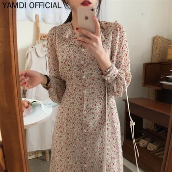 

YAMDI Vintage women Single-breasted Print A-line Dress Ruffled Collar belt Chiffon Dresses female midi Vestidos Summer 2019 new