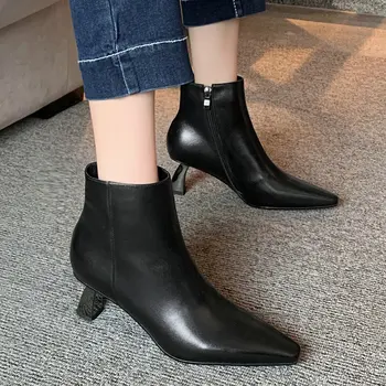 

Women Genuine Leather Ankle Boots Pointed Toe Zipper Shoes Woman Spring Fall Fashion Sewing Party Black White Heeled Booties