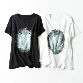 

T shirts Women Cotton Patchwork Silk O Neck Rabbit Print Women Plus Size Short Sleeve Shirt For Women Basic Elegant New Fashion