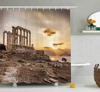 

Greek Building Shower Curtain Pillar Poseidon at The Sunset Sea and The Cloudy Sky Digital Image Print Cloth Fabric Bathroom