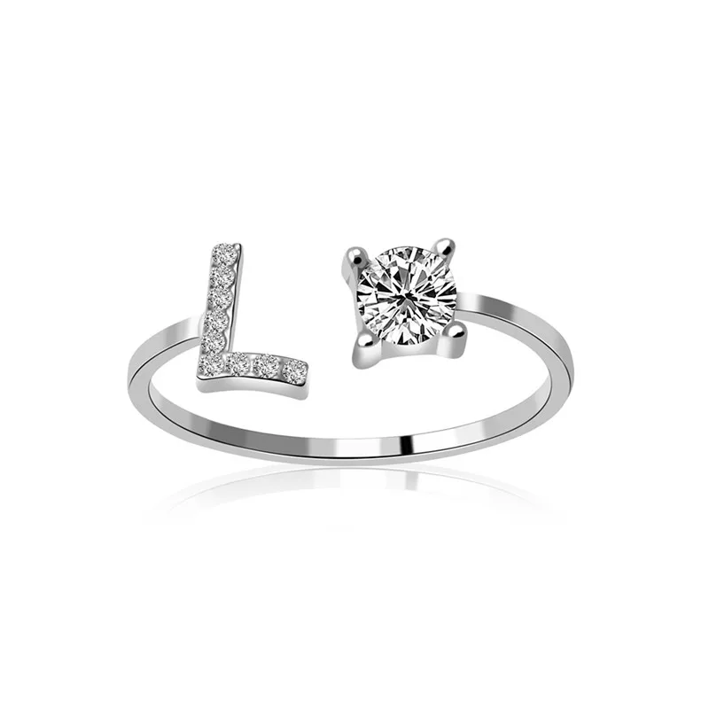 26 букв, A-Z, кольцо с кубическим цирконием, Открытое кольцо для женщин, стразы, регулируемые ювелирные изделия на палец, серебряные кольца для женщин