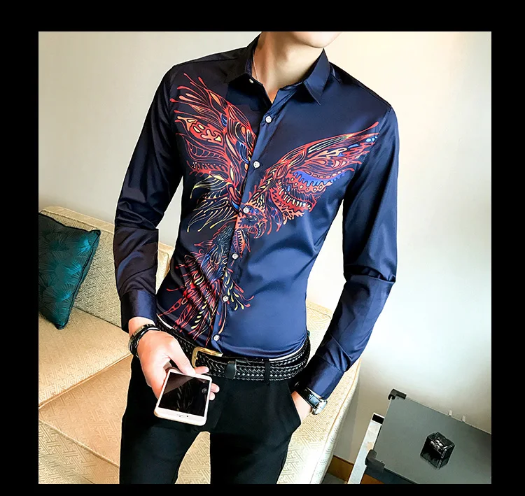 Роскошные Золотые рубашки с принтом Camisa MasculinaRopa De Hombre повседневные мужские рубашки Клубные рубашки дизайн Camisa Social Slim Fit