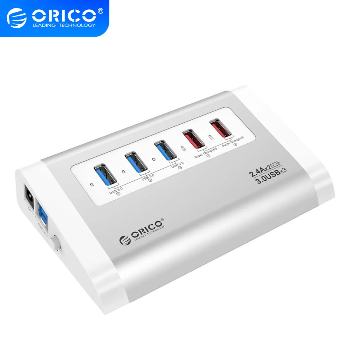 ORICO-concentrador de red USB 3,0 de aleación de aluminio, dispositivo con 2 puertos de carga USB, fácil de conducir, adaptador de corriente para teléfono móvil/tableta
