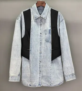 

2019 new ladies fashion long-sleeved sexy casual denim leather fake two-piece shirt 1122