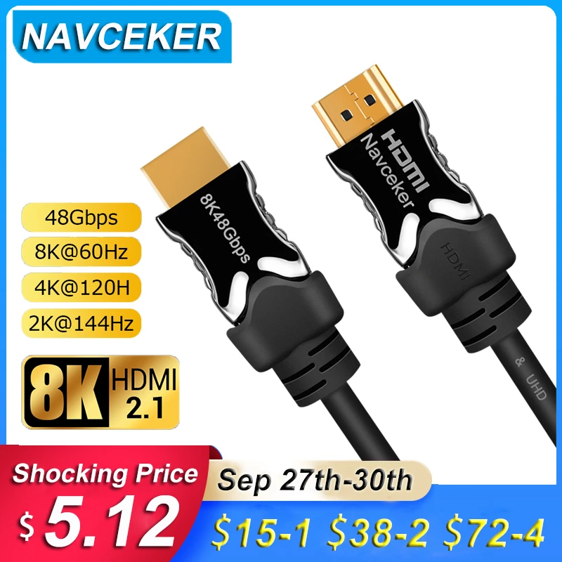Hdmi cable Navceker HDMI 2.1 8K/60Hz 4K/120Hz 48Gbps HDCP2.2 Cord For PS4 Splitter Switch Audio Video 8K 2.1