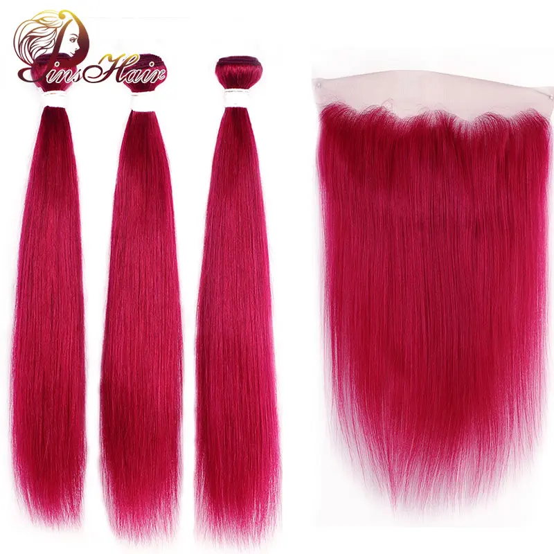 

Pinshari Straight Hair Bundles With Frontal Burgundy 99J Red Colored Brazilian Human Hair 3 Bundles With Frontal 13*4 Nonremy