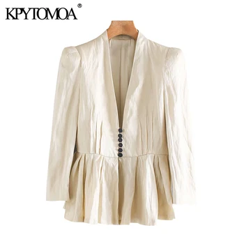 

KPYTOMOA Women 2020 Fashion Covered Button Ruffled Blazer Coat Vintage V Neck Long Sleeve Pleated Female Outerwear Chic Tops