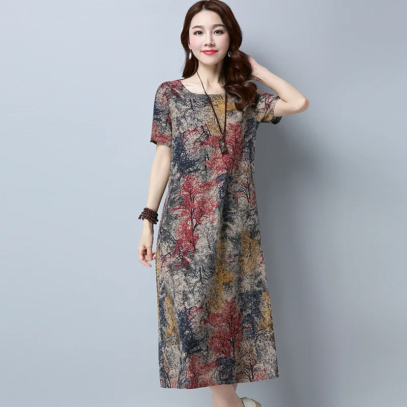 

2017 Summer New Style Retro Large Size Cotton Linen Dress WOMEN'S Dress Loose-Fit Printed Short Sleeve Medium-length Dress Thirt