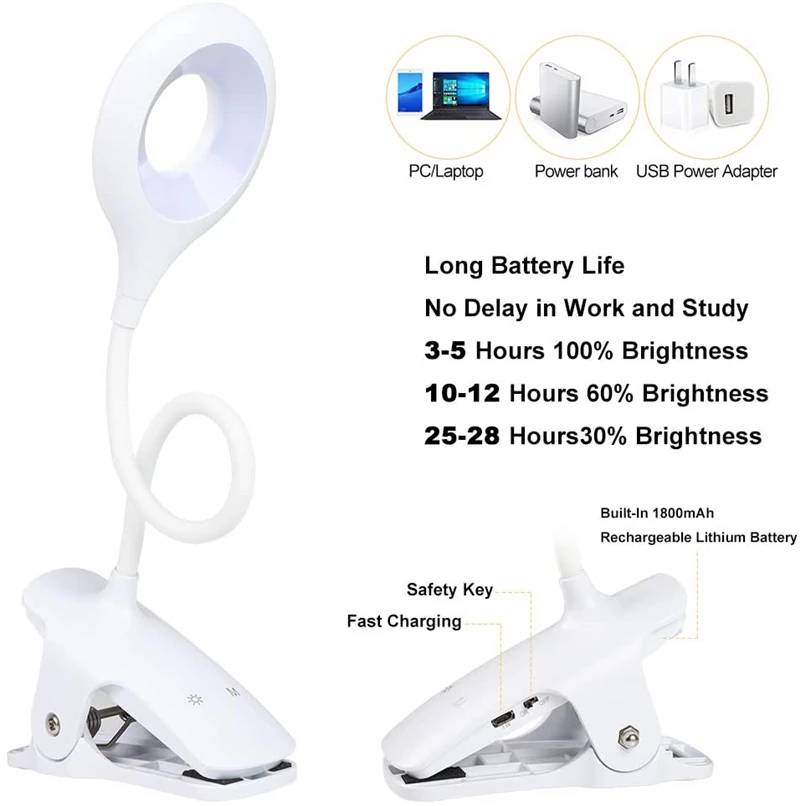Portable Desk Lamp Rechargeable Reading Light Eye Protect Book Light LED USB Reading Lamp Touch Control Clip Table Desk