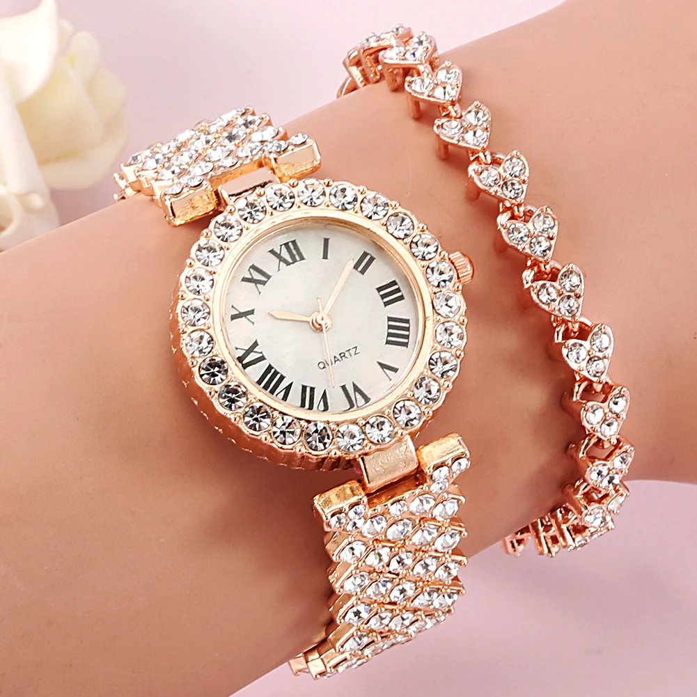 Lady Rose Gold Rhinestone Watch Bracelet Gift Box Set Women Shiny Bracelets Quartz Wristwatch Birthday Anniversary Gifts for Her