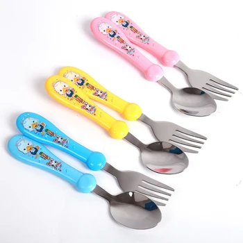 

2pcs High Quality Stainless Steel Baby Utensils Spoon Flatware Set Lovely Print Cartoon Baby Kids Feeding Spoon + Fork