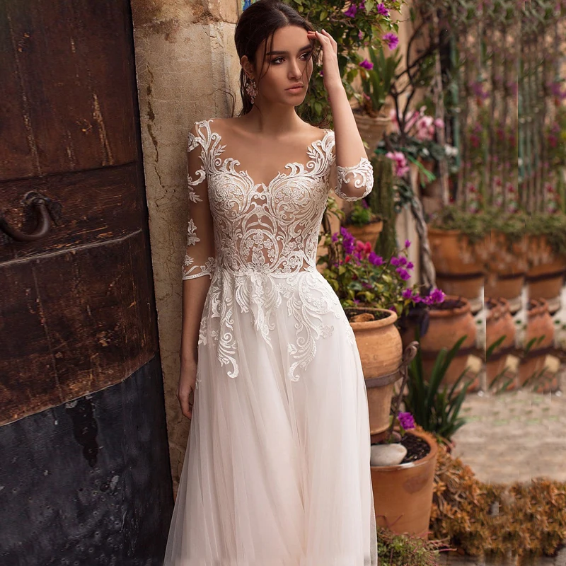 Свадебное платье со шлейфом, с рукавом три четверти, ТРАПЕЦИЕВИДНОЕ свадебное платье трапециевидной формы Vestido De Novia с иллюзией на спине