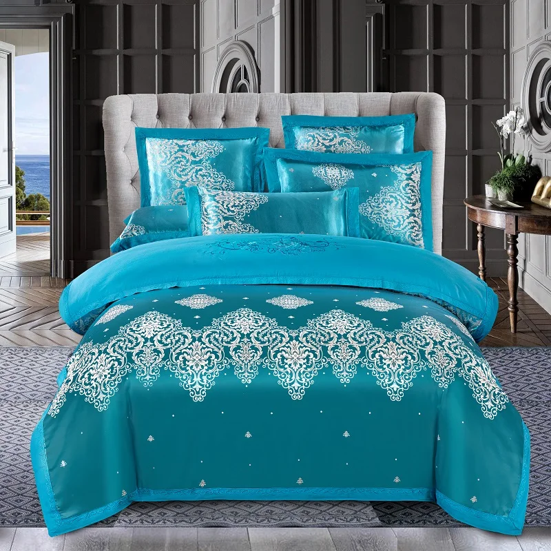 KELUO Luxury Wedding jacquard mulberry silk bedding 100%cotton Embroideredincluding duvet cover bed sheet pillowcaseBlue A03