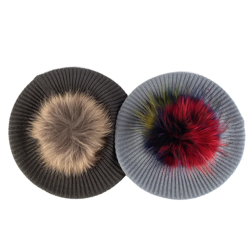 Women's Knitted Elegant Berets Soft With Real Pompom Female Artist Fashion Retro Hats Lady Solid Color French Simplicity Caps 3