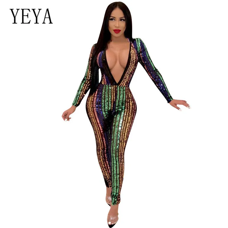 

YEYA Sexy Multi-color Sequin Stitching Jumpsuits Women Long Sleeve Sparkly Bodycon Playsuits Elegant Glitter Club Party Overalls