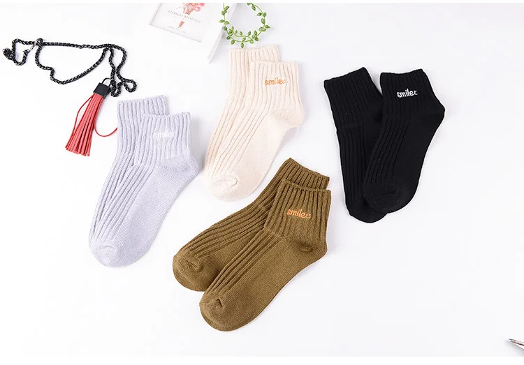 Solid striped letter print sock smile embroidery autumn winter Japanese Korean women cotton socks soft comfort breathable casual