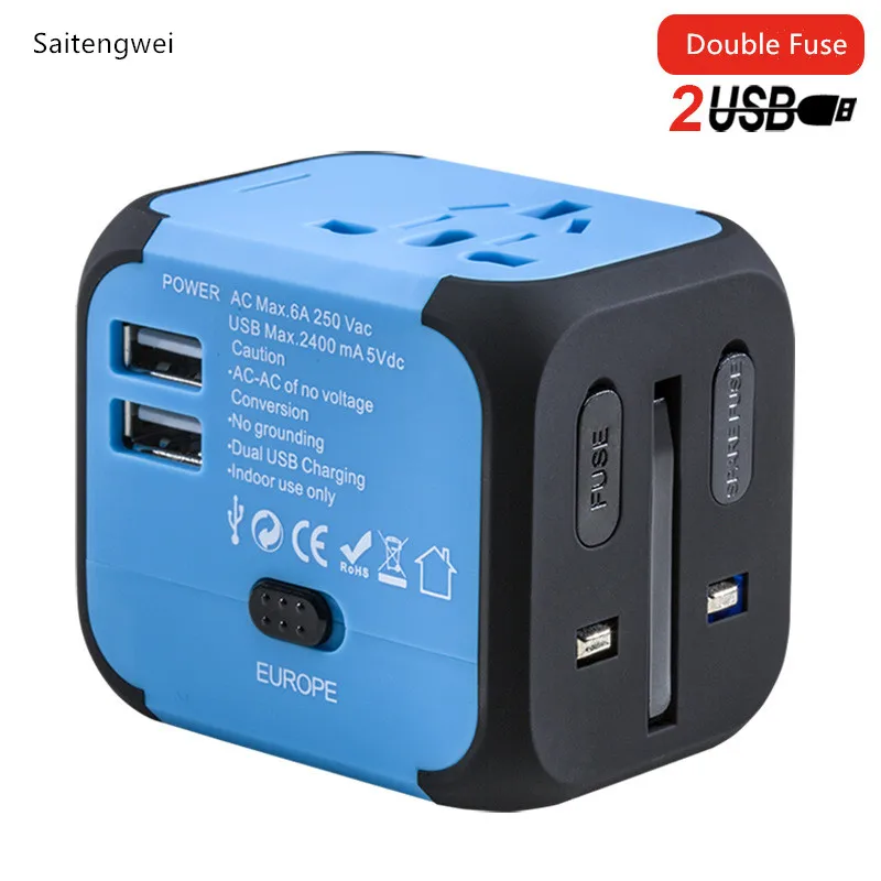 

[Blue] Universal International Plug Adapter Quick Charge World Travel 2USB Power Charger Adaptor for AU US UK EU Converter Plug