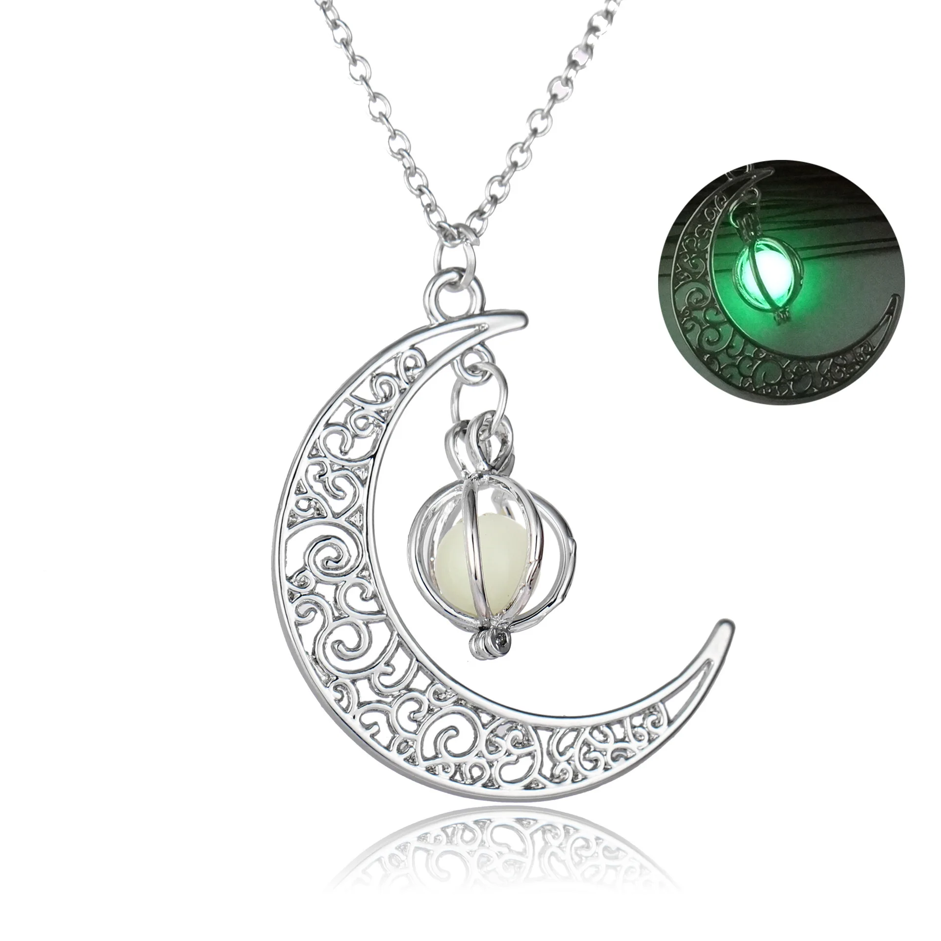 Серебряное полое светящееся каменное ожерелье для женщин и мужчин, подвеска в виде Луны, ювелирное изделие, модная цепочка, колье, женское светящееся в темноте колье - Окраска металла: Yellowgreen
