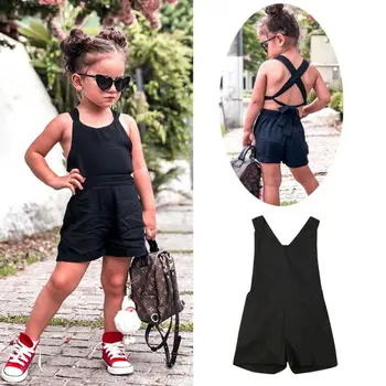 

Summer Toddler Girls Romper Casual Strap Jumpsuit Playsuit Outfit 1-6Y Fashion Black Girls Playsuit Back Bandage Design Cool
