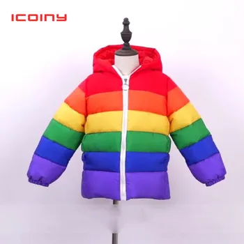 

Rainbow Outerwear Girls Winter Coat 4-12Y Children's Winter Cloth Girl Hooded Striped Parkas Kids Clothing Cotton-padded coats