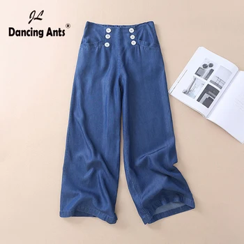 

Woman Jeans Loose High Waist Jeans Straight Pants Korean Elastic Waist Button Tencel Denim Ankle-length Pants 2020 Spring Summer