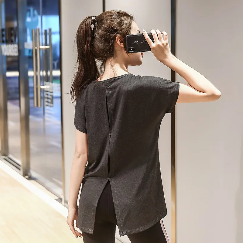 L-XXXXL размера плюс, Спортивная футболка, короткий рукав, открытая спина, футболка для фитнеса, быстросохнущая, для бега, спортзала, топы, рубашка для йоги, женская спортивная одежда