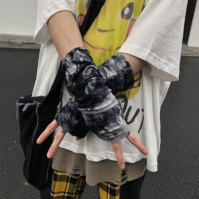 

4style Couples Japanese Harajuku Fingerless Gloves Cuff Tie Dye Print Gothic Punk Style Long Sleeve Arm Fashion Glove Streetwear