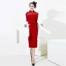 

Women Chinese Cheongsam Dress Banquet Halter Performance Lace Cheongsams Split Wedding Dress