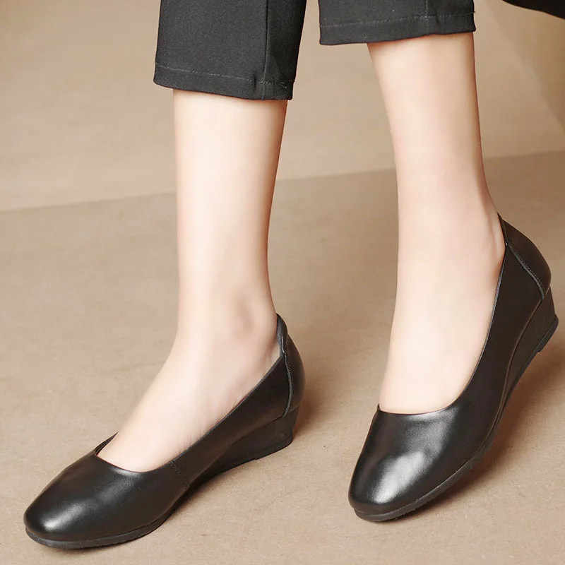

Spring And Autumn New Style Genuine Leather Black Work Shoes Women's Semi-high Heeled Slanted Heel round Shallow Mouth Shoes Sof
