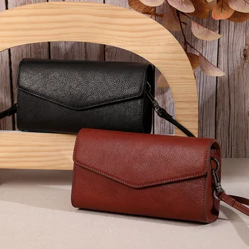 

Retro Flap Simple All-match Solid Genuine Leather Messenger Bag Practical Clutch Shoulder Square Luxury Brand Handbags For Women