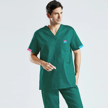 

Men Scrub Set Pure Cotton Medical Uniforms Doctor V Neck Short Sleeve Top and Drawstring Pants Elastic Summer Work Clothes Men