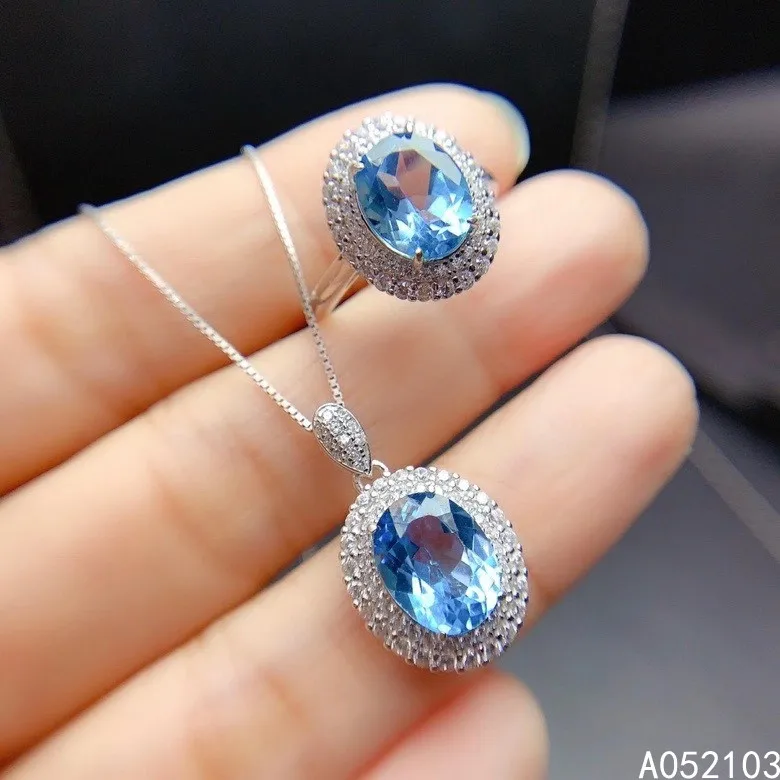

KJJEAXCMY fine jewelry 925 sterling silver inlaid Natural Blue Topaz Women's exquisite elegant large gems ring pendant suit supp
