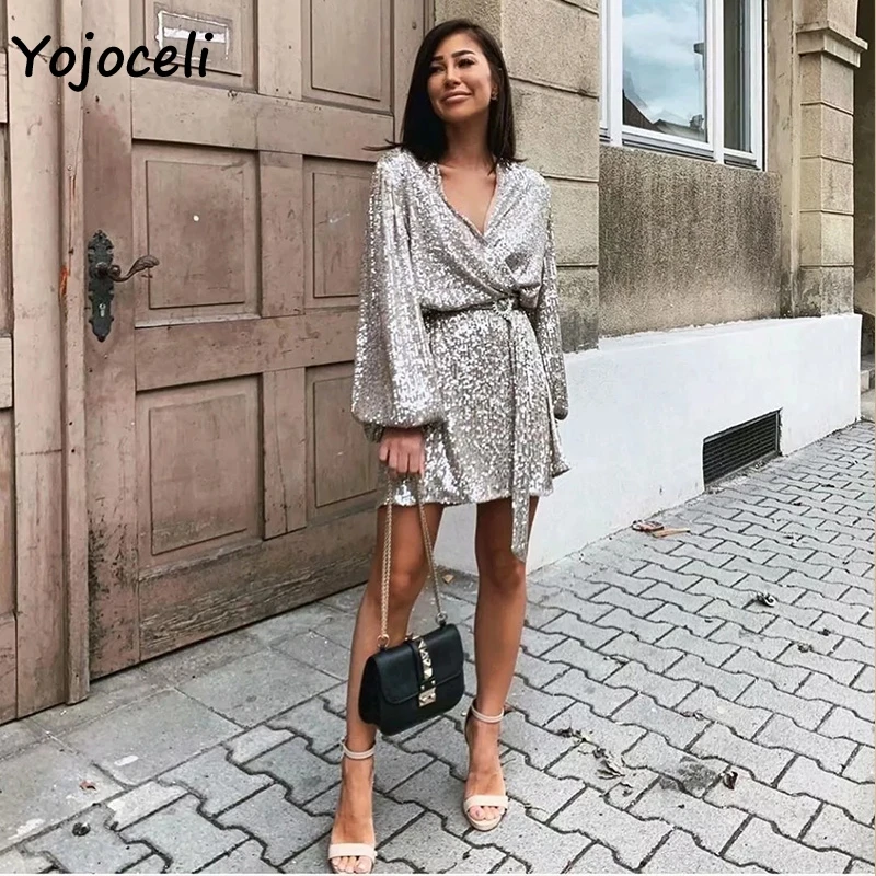 Yojoceli, сексуальное женское платье с v-образным вырезом, с блестками, вечерние, Клубные, с бантом, мини-платье, шикарное, с блестками, платье на день рождения