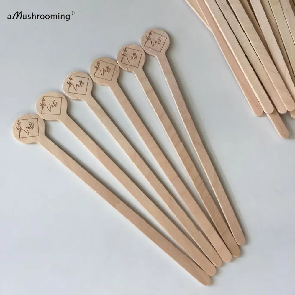 100pcs Cocktails Stirrers Drink Sticks with Initials Vintage Party Round Wooden Swizzle Stirrers Cocktail Party