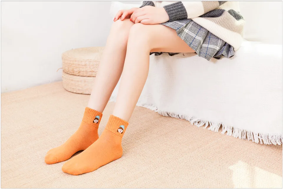 Зимние женские толстые теплые шерстяные носки с вышитым рисунком высококачественные цветные хлопковые носки с забавными рисунками, 5 пар