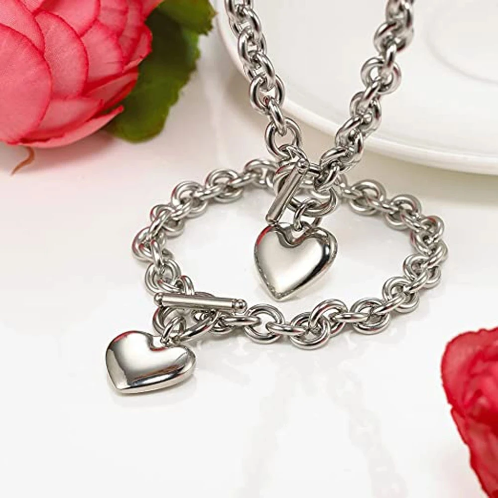 Stainless Steel Heart Necklace Bracelet Set For Women Girl OT
