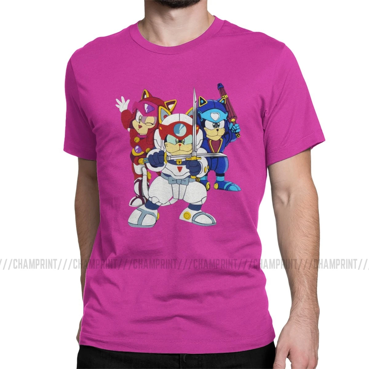 Мужские футболки Samurai Pizza Cats, новинка, футболки из чистого хлопка с коротким рукавом, 90 s, японское Ретро аниме, футболки с круглым воротником - Цвет: Фуксия