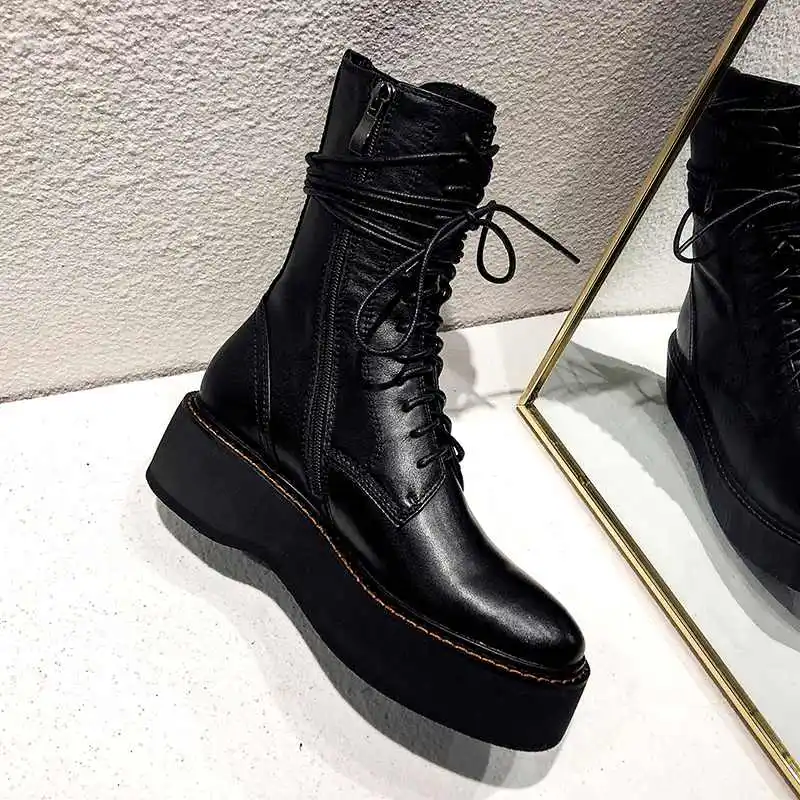 black cow leather Krazing pot/красивые модные ботинки из телячьей кожи водонепроницаемые теплые зимние женские ботинки до середины икры на молнии, со шнуровкой, с круглым носком, L83 - Цвет: black cow leather