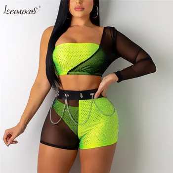 

Chic Women Three Piece Set Shiny Diamante Unilateral Sleeve Crop Tops High Cut Triangle Shorts Mesh Shorts Club 3 Pcs Outfits