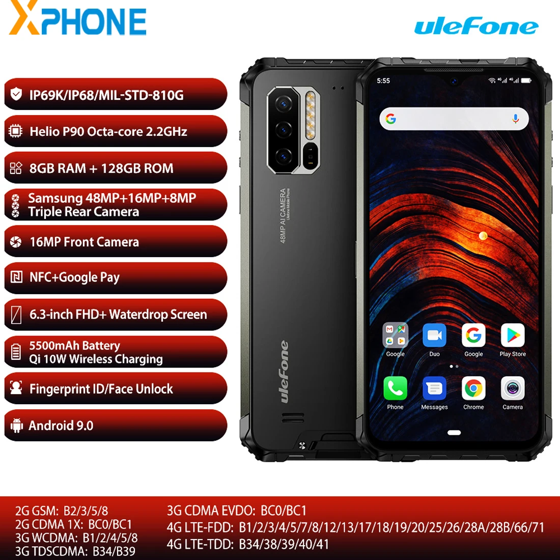 Мобильный телефон Ulefone Armor 7, 8 ГБ, 128 ГБ, Android 9,0, Helio P90, четыре ядра, 4G LTE, 48MP камера, Bluetooth 5,0, функция распознавания лица, Беспроводная зарядка, 4G