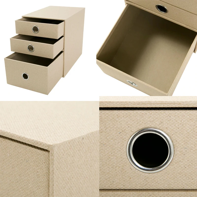 3 Layers Storage Cardboard Cabinet Office Desk Top Organizer Home 3 Drawers Cabinet Beige Faux Linen Natural Wood Paper(2PCS)