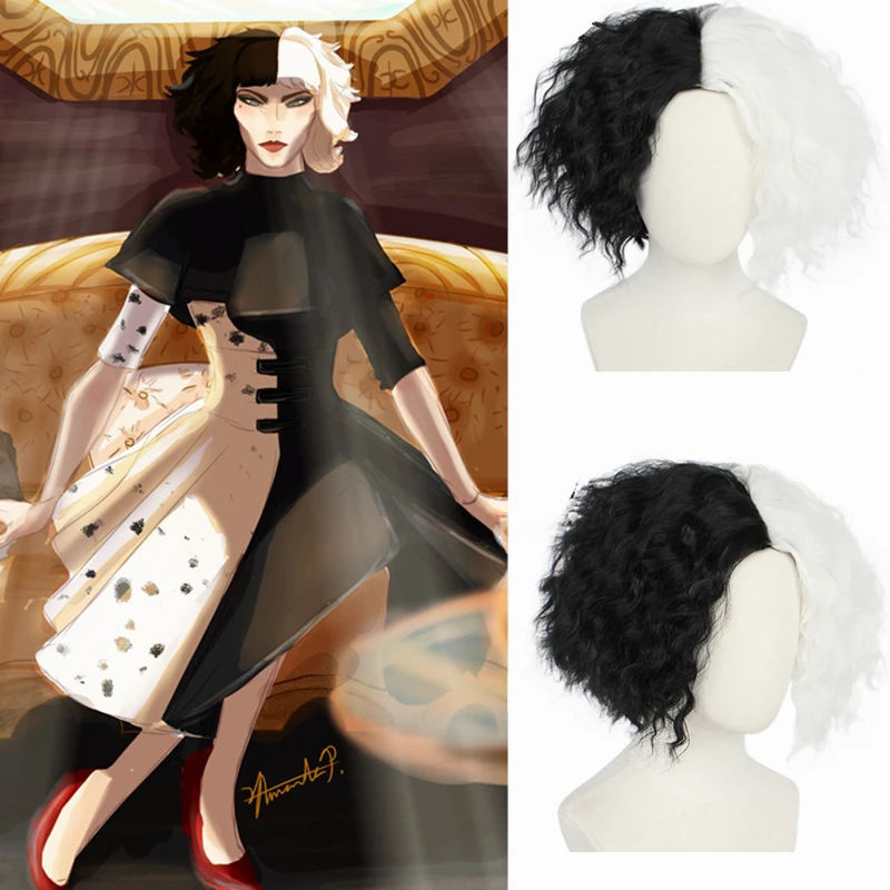 

CRUELLA Deville De Vil Cosplay Wig Curly Half White Half Black Heat Resistant Synthetic Hair Wig + Wig Cap Human Hairpiece
