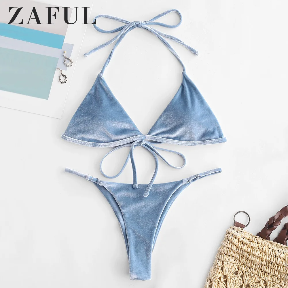 Женский комплект бикини ZAFUL бархатный купальник с лямкой на шее подкладкой и