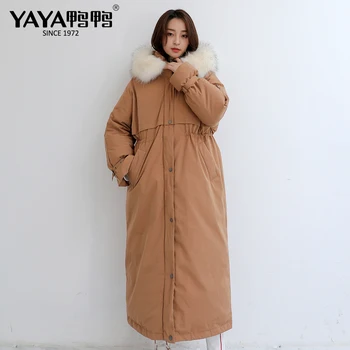 

YAYA New Long Down Jacket Women Loose Hooded Fur Collar Waist Young Girl Winter Coat Warm