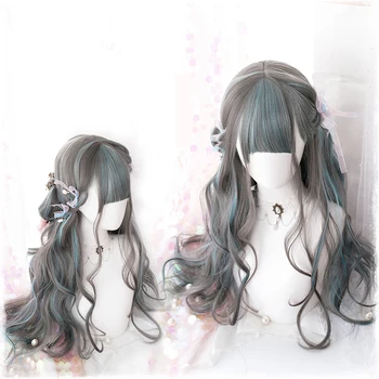 

Harajuku Lolita Cosplay Wigs High-temperature Fiber Synthetic Hair Green Gray Mixing Long Big Wave Hair + free hair cap