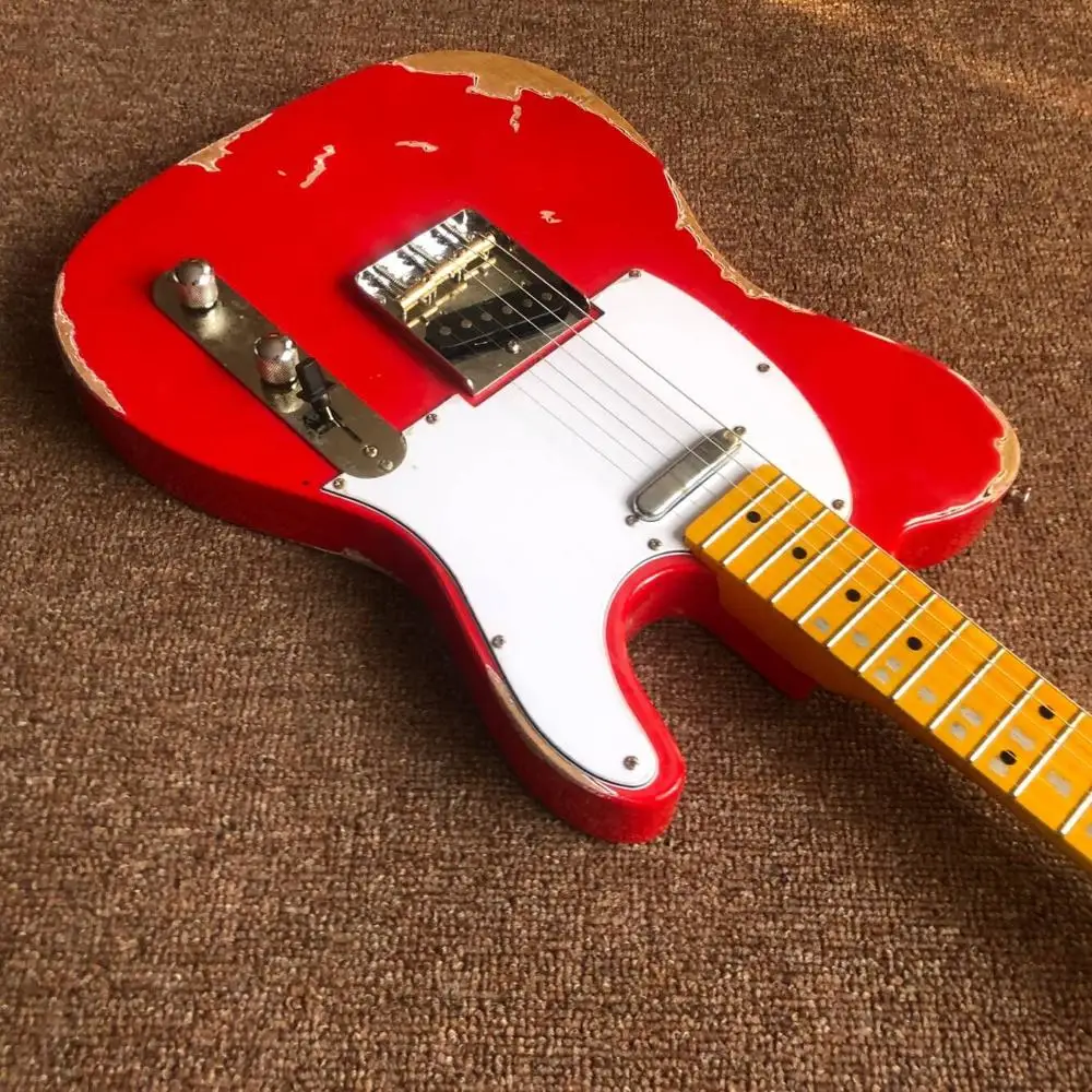 Высококачественная электрогитара 6 струн, клен гриф gitaar relics by hands. Красная гитара ra