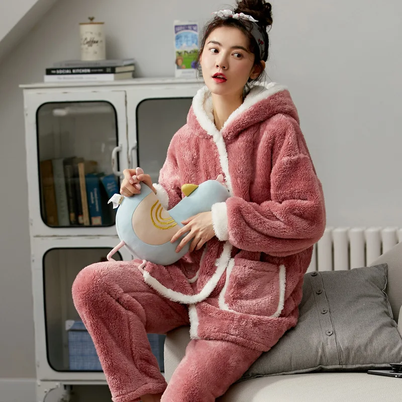 

2Pcs Winter Warm Women Pijama Set Sleepwear Thick Long Sleeves Female Pajamas Set Pink Cute Homewear Home Suit