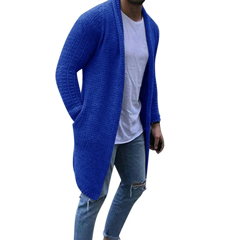 MoneRffi, мужской свитер, кардиган, Повседневная Уличная одежда, однотонный цвет, длинный рукав, вязанные свитера, пальто, осень, для мужчин, облегающее пальто - Цвет: blue 1