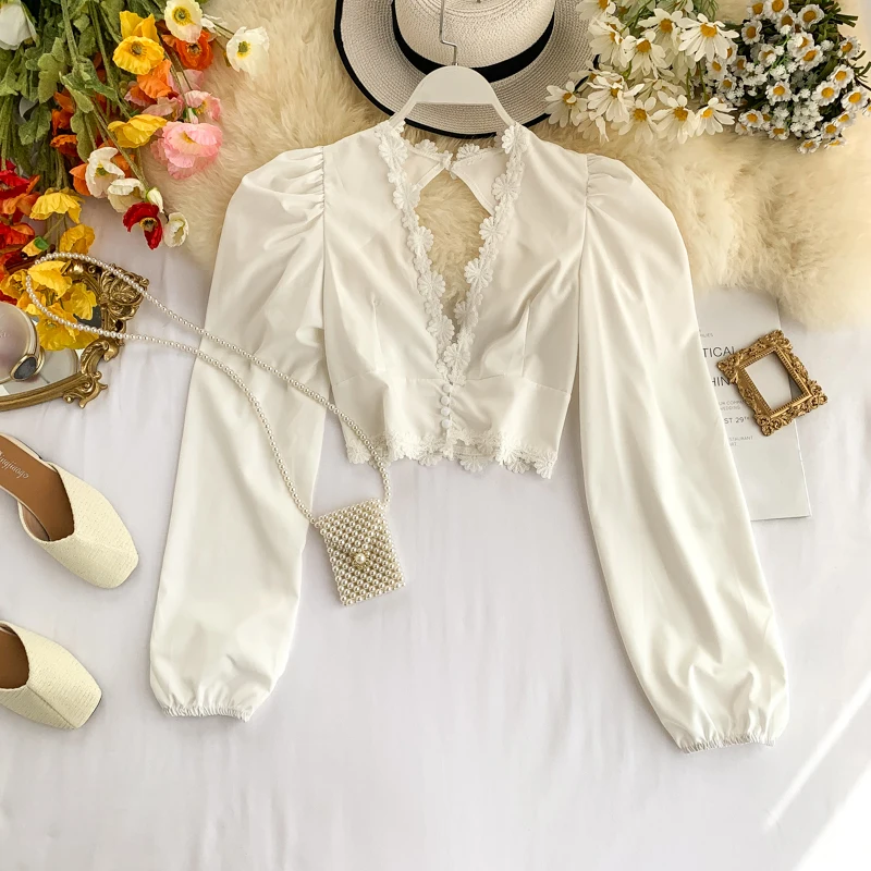 Comprar Ins otoño 2019 nuevo elegante hueco sin espalda profundo cuello pico corto Tops mujer Sexy manga larga blanco negro camisas blusa j373